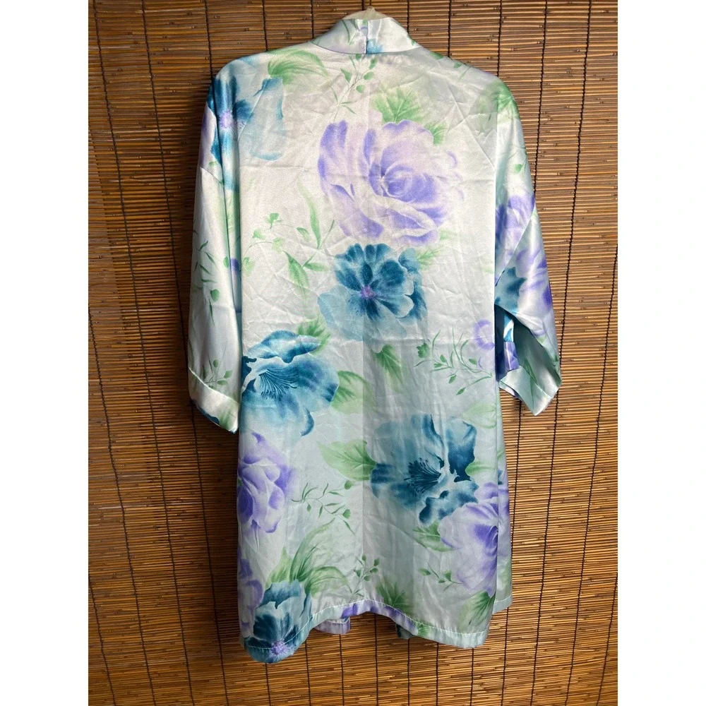 LA Intimates Floral Satin Robe Womens Large Blue Purple Mint Green Kimono Wrap